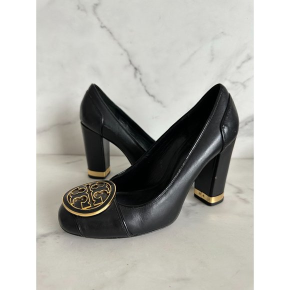 Tory Burch Shoes - TORY BURCH Reva Black Leather Gold Block Heels Sz 7